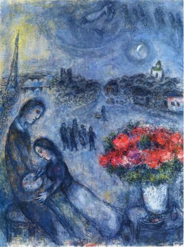 Recién casados con París al fondo contemporáneo Marc Chagall Pinturas al óleo